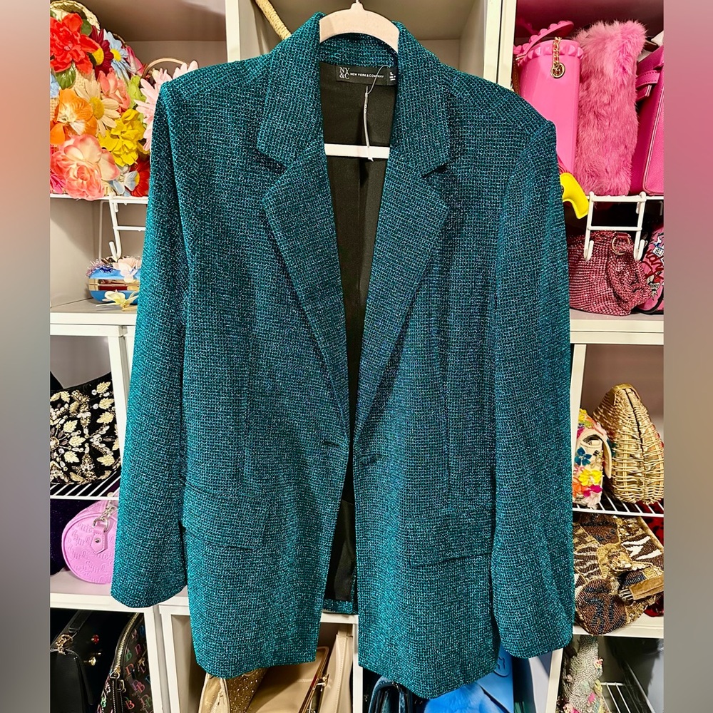 NY & Company Teal Metallic Blazer Jacket - Women